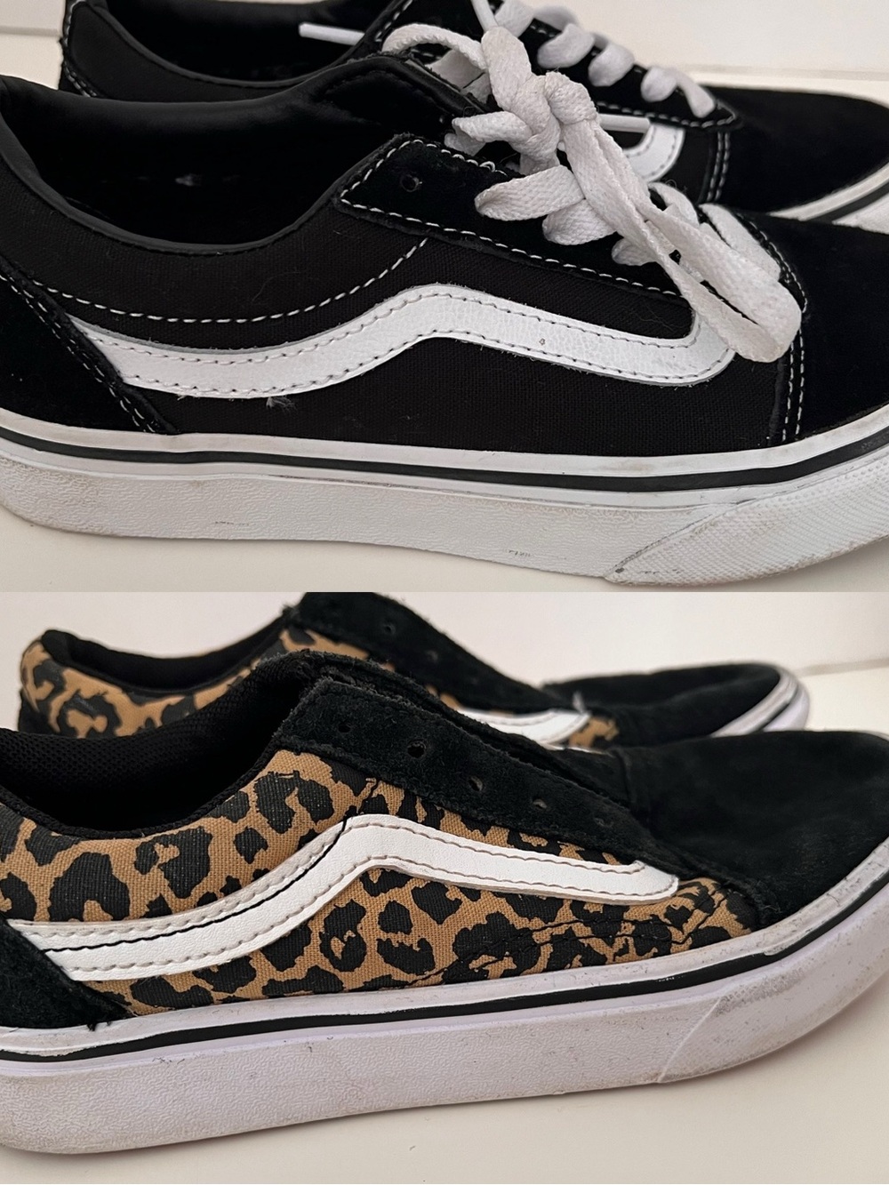 2 Pairs Vans Classic Old Skool Sneakers in Black, White & Leopard, Kids Sz 2